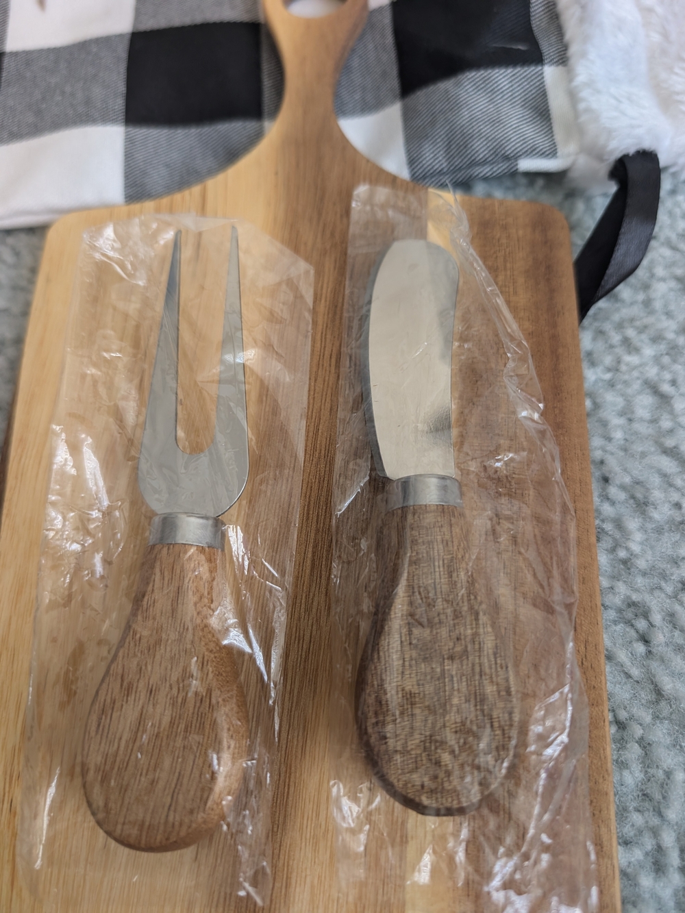 NWT Cheese Board With Knife and Fork Set And Black Plaid Cloth Gift Bag